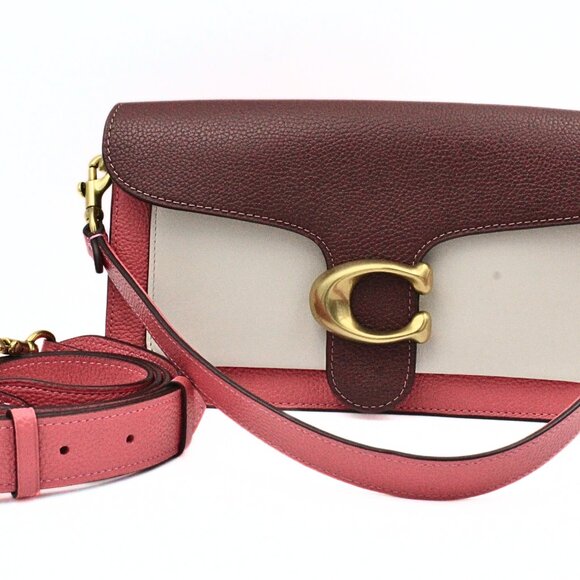Authentic Coach Colorblock Maroon Peach Leather Saddle Bag - Picture 3 of 11